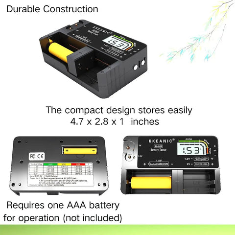 Straight Shooting Battery Tester For AA AAA C D And 9V Household Cells With Precise Digital Voltage Readings and a compact design shown at 4.7 x 2.8 x 1 inches.