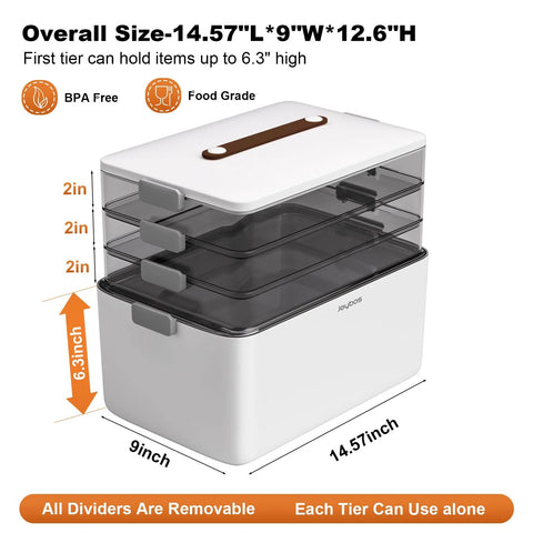Front view of Joybos four-tier white medicine storage organizer with removable transparent drawers and top handle