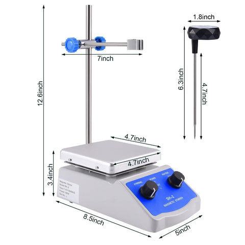 Magnetic Stirrer Hot Plate Mixer With Thermometer And 2000 RPM Stirring, Heats Up To 520 Fahrenheit Fast, Includes Stir Bar And Support Stand For Easy Lab Setups. compact 4.7 x 4.7 inch base with 12.6 inch stand