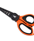Paradox 5.5 Inch Fishing Scissors With Serrated 3CR13 Japanese 420 Stainless Blades For Braided Line Mono And Fluorocarbon In Freshwater And Saltwater No Fuss Lightweight Durable Handle For Easy On The Go Cuts black and orange handle