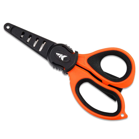 Paradox 5.5 Inch Fishing Scissors With Serrated 3CR13 Japanese 420 Stainless Blades For Braided Line Mono And Fluorocarbon In Freshwater And Saltwater No Fuss Lightweight Durable Handle For Easy On The Go Cuts black and orange handle