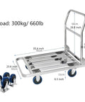 Heavy Duty Foldable Platform Push Cart With Smooth Rolling Rubber Wheels And Slick Stainless Steel Frame, 90x60cm dimensions.