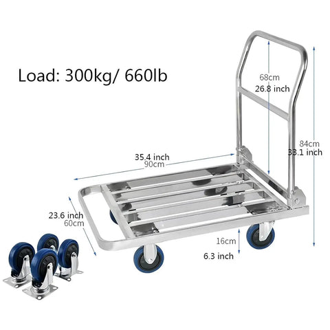 Heavy Duty Foldable Platform Push Cart With Smooth Rolling Rubber Wheels And Slick Stainless Steel Frame, 90x60cm dimensions.