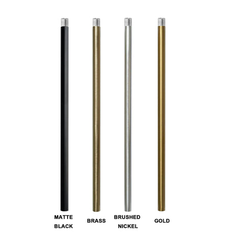 Display of four pendant light extension rods in matte black, brass, brushed nickel, and gold, each 12-inch length.