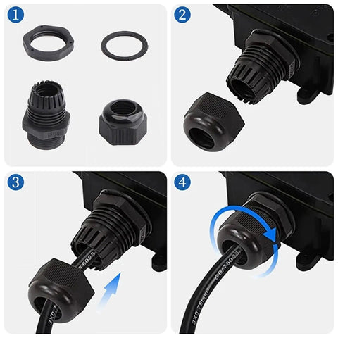 Installation steps of Heavy Duty Waterproof Cable Glands 25 Pack IP68 Entry For 3 To 6.5mm Nylon Plastic Connectors