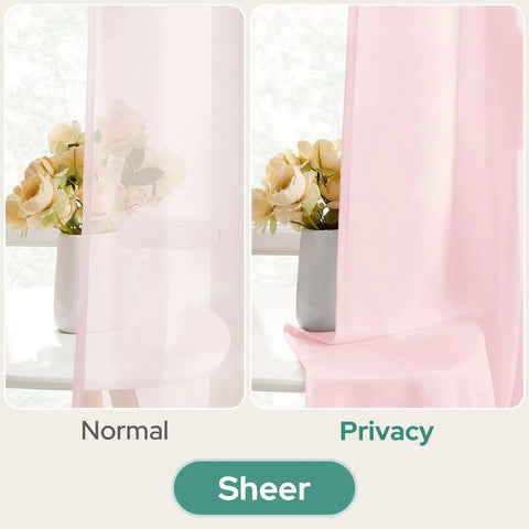 Privacy Semi Sheer Curtains Light Pink 84 Inch Long 2 Panel Set W52 X L84 Light Filtering Drapes showing comparison of normal and privacy view.