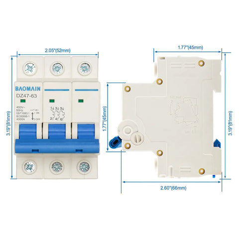 Three Pole 3 Amp DZ47-63 C3 Miniature Circuit Breaker For DIN Rail Mount 400V AC Distribution Panels, front and side view