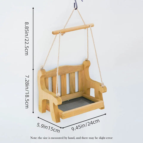 Set Of 2 Wooden Swing Bird Feeders For Outdoor Hangin With Metal Mesh Bottom, bench-style feeder with dimensions visible