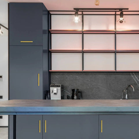 Modern kitchen with Gold Cabinet Pulls 30 Pack 5 Inch Modern Square Brushed Brass Drawer Handles for kitchen cabinets.