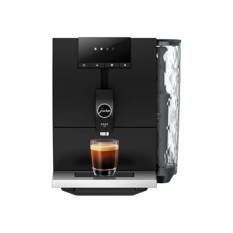 Step Up Your Home Brew Game With This Compact Automatic Coffee Machine Featuring A Pro Aroma Grinder And Super Simple Programmable Settings In Classic Metropolitan Black Color. Compact espresso machine with a glass of coffee.