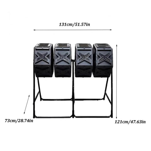 Front view of Four Chamber Rotating Compost Bin With Independent Drum Design Metal Frame And PE Shell 74 Gallon Capacity