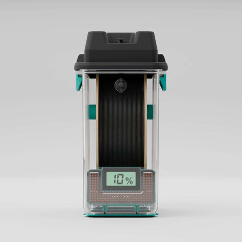 PolyDryer Box 3D Printing Filament Storage And Continuous Sealing System with visible humidity reading, front view
