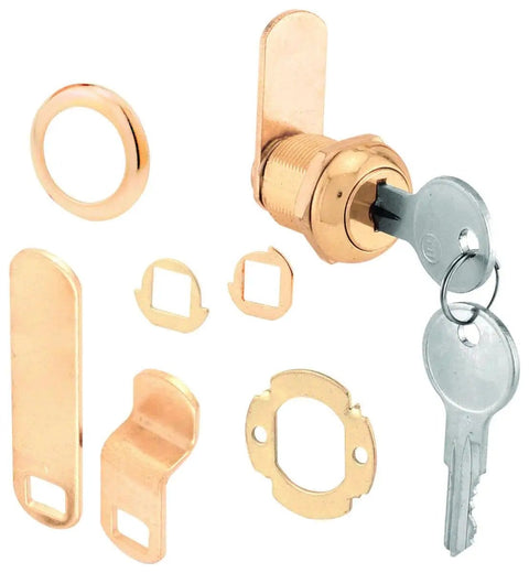 Beefy Diecast Drawer And Cabinet Lock With Brass Finish, 5/8 In., includes cams and keys, for 5/16 In. panel, home or office use.