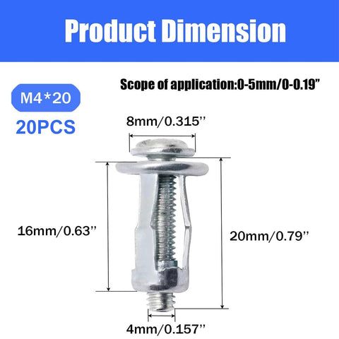 Heavy Duty Hollow Wall Anchors Set For Thin Walls M4 Size, Includes Screws, Ideal For Hollow Panels Such As Doors And RV Walls