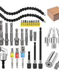32 Piece Flexible Drill Bit Extension Set Go To 105 Degree Right Angle Attachments with hex socket adapters and bits.