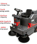 Ready To Roll Ride On Industrial Floor Sweeper Packaged With Long Life Lithium Battery And Grip Tight Solid Tires For No Sweat Hard Core Trash Collection At Warehouses, side view showing controls and sweeping brushes.
