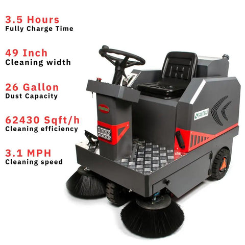 Ready To Roll Ride On Industrial Floor Sweeper Packaged With Long Life Lithium Battery And Grip Tight Solid Tires For No Sweat Hard Core Trash Collection At Warehouses, side view showing controls and sweeping brushes.