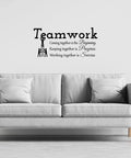 Teamwork Motivation Wall Decal Inspirational Quote About Coming Together Is The Beginning Keeping Together Is Progress Working Together Is Success For Office Walls 22X10 Matte Vinyl Removable Decor Vibe above a sofa on a wall.
