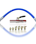 Grease Gun Coupler Kit Built Tough With 12 Inch Spring Hose And Six Fittings Quick Lock Release High Pressure 10000 PSI Universal One Eighth NPT Fits All Grease Guns Heavy Duty Alloy Steel displayed