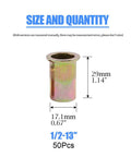 50-Piece 1/2-Inch 13 UNC Zinc Plated Carbon Steel Flat Head Rivnut Threaded Inserts, size 29mm long, 17.1mm drill.