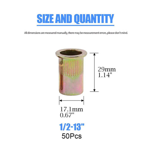 50-Piece 1/2-Inch 13 UNC Zinc Plated Carbon Steel Flat Head Rivnut Threaded Inserts, size 29mm long, 17.1mm drill.