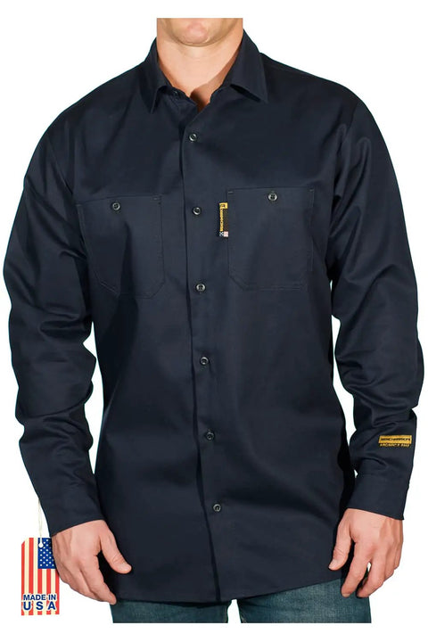 Built For Welders And Linemen Flame Resistant Button Up Work Shirt Navy 6.6oz 100 Percent FR Cotton Long Sleeve With Two Chest Pockets Quick Dry Breathable Made In USA Size Large