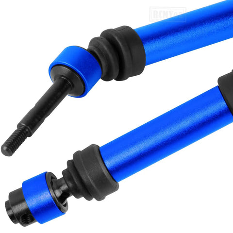 Close-up of navy blue stainless steel driveshaft from Rear Driveshaft CVD And Front Axle Upgrade Kit for Slash 2WD and Slash VXL 2WD.