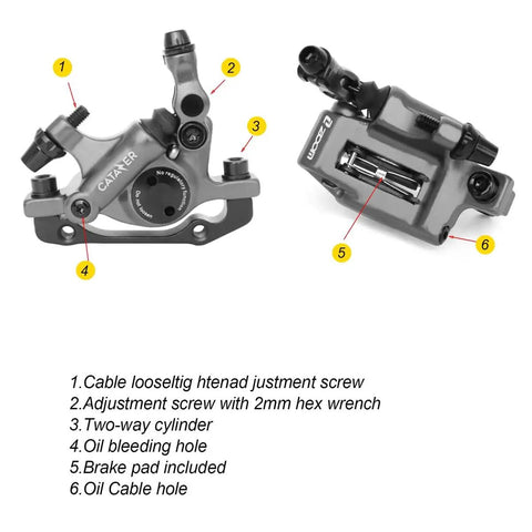 HB-100 Line Pulling Hydraulic Disc Brake Calipers For MTB And Road Bikes Front And Rear Kit Black showing assembly details