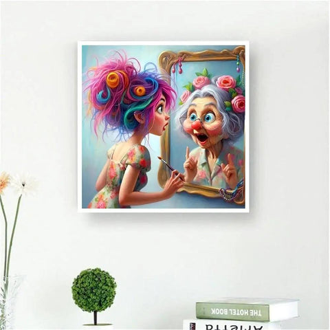 5D Diamond Painting Kit For Grownups And Newbies displayed on wall, featuring colorful characters in a whimsical mirror scene, 12x16 inch decor.