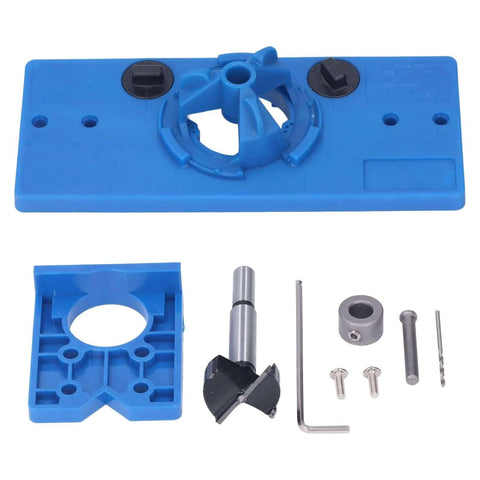 Blue ABS 35mm hinge hole saw jig drilling guide with central circular guide and metal accessory bits