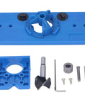 Premium 35mm Hinge Hole Saw Jig Kit For Woodworking Pros with blue base, drill bit, adjustable depth and screws.