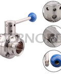 Front view of DERNORD stainless steel sanitary butterfly valve with blue pull-handle and 1.5-inch Tri-Clamp connection