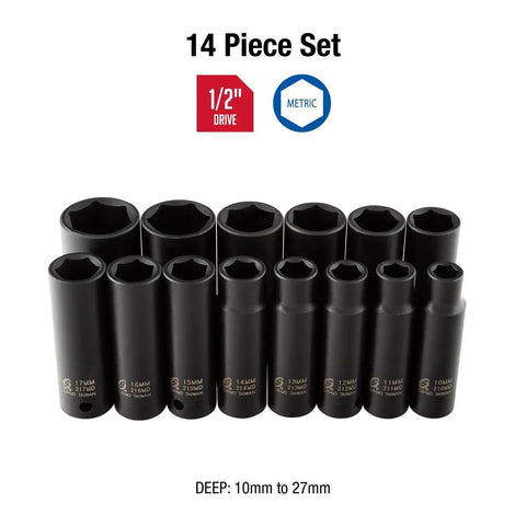Deep 1/2 Inch Drive Metric Impact Socket Set, 14-Piece, 6-Point, High-Torque Chrome Moly Steel, 10mm to 27mm