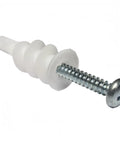 Heavy Duty Self Drilling Drywall Anchors With Screws For No Sweat Quick Snap Installation Into Hollow Walls Perfect For Hooking Up TVs And Bulky Shelves Pack Of Four - close-up of white anchor and screw.