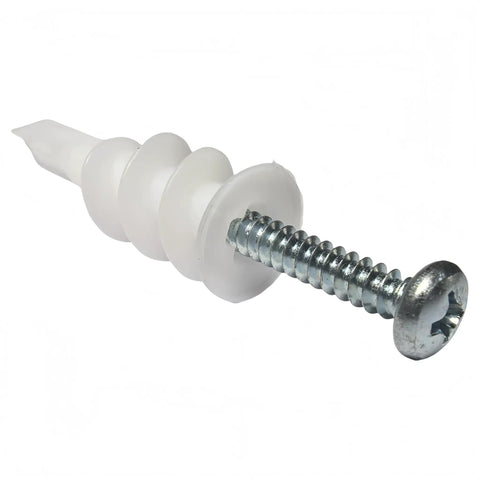 Heavy Duty Self Drilling Drywall Anchors With Screws For No Sweat Quick Snap Installation Into Hollow Walls Perfect For Hooking Up TVs And Bulky Shelves Pack Of Four - close-up of white anchor and screw.