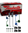 Raybestos R-Line rear drum brake hardware kit; front view with blue/green springs, gray coil springs, pins and clips