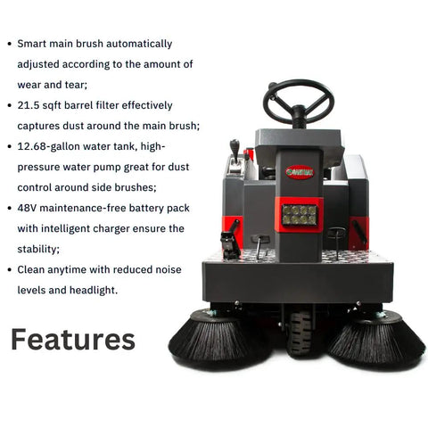 Badass 49 Inch Ride On Industrial Floor Sweeper Machine With 26 Gallon Hopper And Water Dust Control Tank Crushing 69000 Square Feet Per Hour For Warehouses Factories And Parking Lots Smooth Operator Design close-up of features and controls.