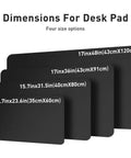 Four black desk pads in different sizes showing dimensions comparison for Non Slip Waterproof PU Leather Desk Pad Protector For Mouse And Laptop 23.6 By 13.7 Inches For Office And Home Use Durable Writing Surface Stain And Spill Proof Keeps Your Desk Safe And Looking Sharp In Black.