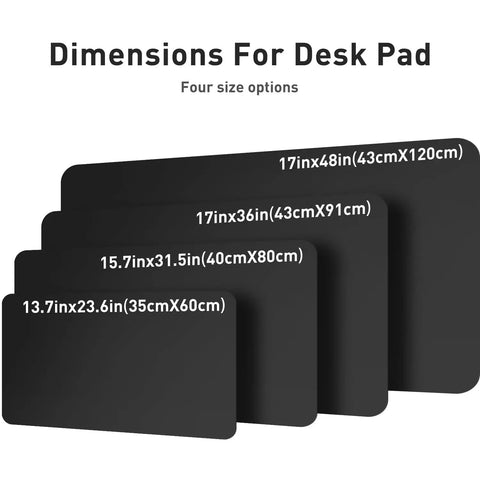 Four black desk pads in different sizes showing dimensions comparison for Non Slip Waterproof PU Leather Desk Pad Protector For Mouse And Laptop 23.6 By 13.7 Inches For Office And Home Use Durable Writing Surface Stain And Spill Proof Keeps Your Desk Safe And Looking Sharp In Black.