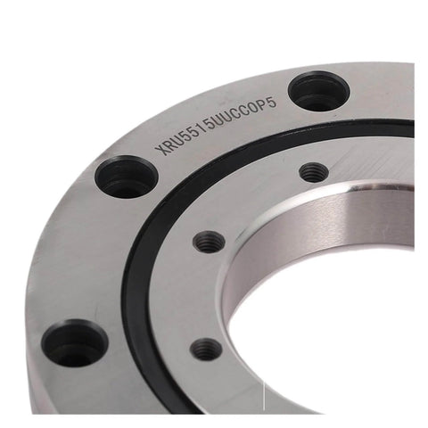 Close-up of a steel crossed roller bearing for slewing and robot joints, compatible with RU28 and XRU1008UUCC0P5, showing multiple holes.
