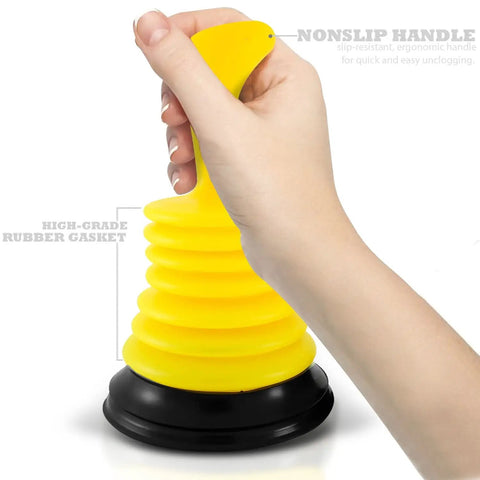 Tiny 7 Inch Sink Plunger with Ergonomic Grip No Sweat Mini Clog Remover held in hand, bright yellow design and black rubber base.