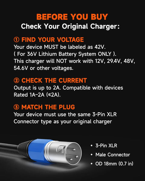 36V Lithium Battery Charger With 42V 2A Fast Charge And Turbo Cooling Fan For Electric Bikes And Scooters No Sweat Overheat Protection 3 Pin XLR Connector Compatible With Mini Dirt 650 Battery