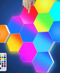 Dope Remote Controlled RGB Hexagon LED Lights For Gaming Setup With Touch Sensitive Panels displayed on a wall with remote control