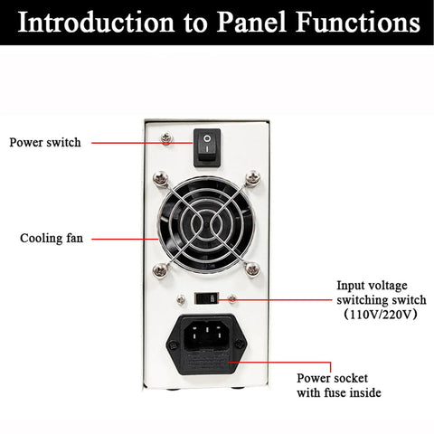Beefy Adjustable 30V 10A DC Benchtop Power Supply With Encoder Coarse And Fine Knobs Variable Switching Regulated Lab Power Unit USB 5V 2A Charge Port Backlit Four Digit Display For Precise DIY Projects. Rear panel with power switch, cooling fan, voltage selector, and fused socket.