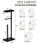 Matte Black Free Standing Toilet Paper Holder With Shelf For Bathroom, Secure Floor Stand Storage For Four Rolls, Modern Durable Metal Organizer With Easy Reach, Perfect Toilet Paper Roll Holder And Storage Solution, dimensions and roll types displayed