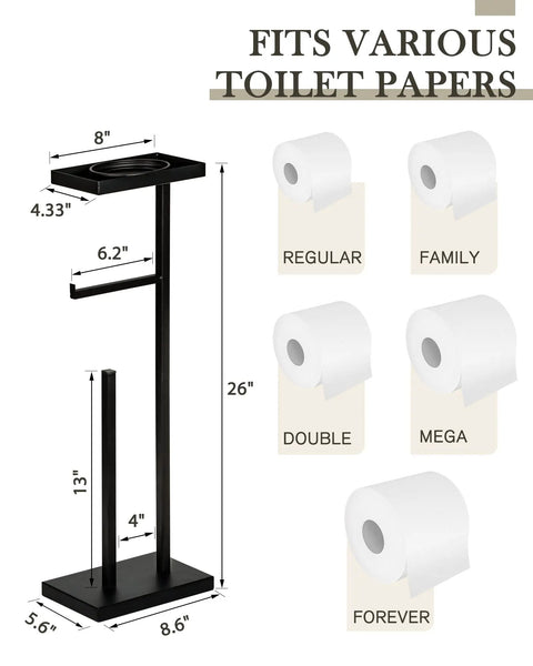 Matte Black Free Standing Toilet Paper Holder With Shelf For Bathroom, Secure Floor Stand Storage For Four Rolls, Modern Durable Metal Organizer With Easy Reach, Perfect Toilet Paper Roll Holder And Storage Solution, dimensions and roll types displayed