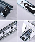 Close-up of Beefy Metal Sliding Drawer Runners with two-section ball bearing tracks and measuring tool, 10-inch length.