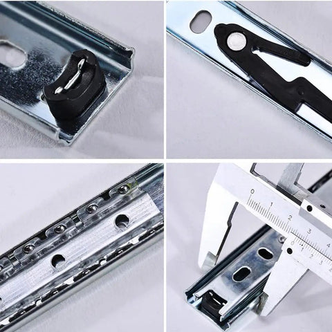 Close-up of Beefy Metal Sliding Drawer Runners with two-section ball bearing tracks and measuring tool, 10-inch length.