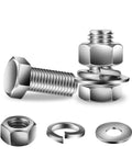 Beefy 1/4-20 Hex Head Bolt Kit With Nuts, Flat And Lock Washers, 20 Pcs, 304 Stainless Steel, shown with washers and nuts.
