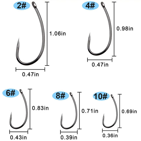 Fishing Hooks Kit 200 Pcs Barbless Circle And Curve Shank Carp Hooks with sizes 2#, 4#, 6#, 8#, and 10# displayed with measurements.